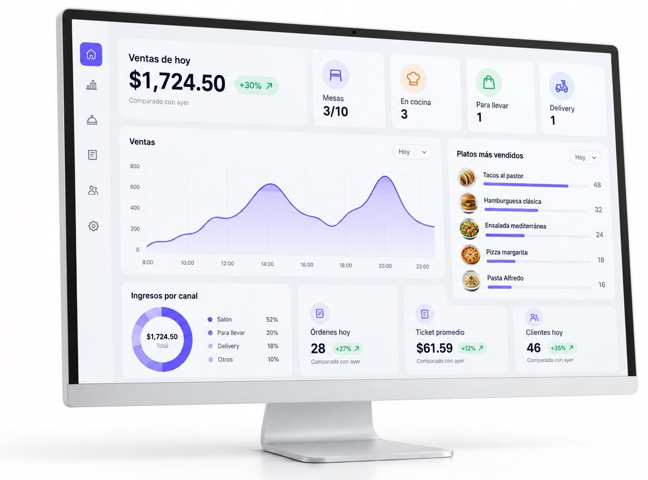 El tablero de PosCheap en un monitor: «Ventas de hoy $1.724,50» con un +30% frente a ayer, la curva de las ventas hora por hora con sus dos picos, las mesas ocupadas y los pedidos en cocina, y el reparto de ingresos entre salón, para llevar y domicilio.