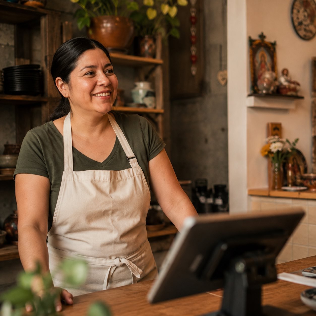 Una persona con delantal sonríe detrás del mostrador de un restaurante, junto a la tablet donde toma los pedidos.