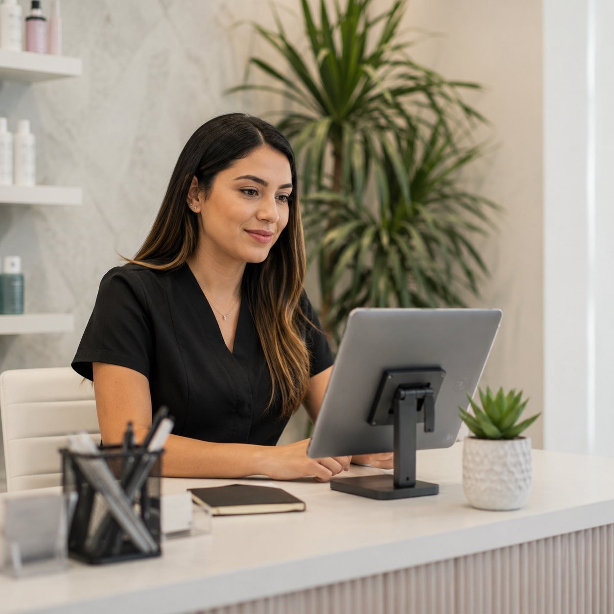 Una recepcionista mira la agenda en una tablet, en el mostrador de un centro de estética.